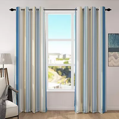 PAIR OF Laura Ashley SEASPRY BLUE Awning Stripe BLACKOUT CURTAINS W228 Drop182cm • £71.99