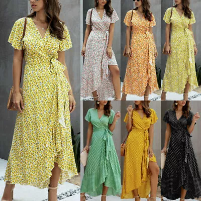 $21.96 • Buy Womens Boho Lace Up V Neck Maxi Dress Ladies Summer Polka Dot Holiday Sundress