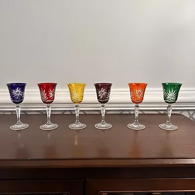 $155 • Buy 6 Vintage Multicolored Cut To Clear Czech Bohemian Sherry Liqueur 5 1/2” 2Floz
