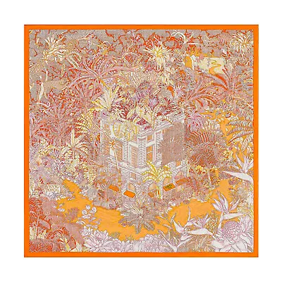 $475 • Buy Authentic Hermes Silk Scarf 90cm Faubourg Tropical Orange Mongue Rose