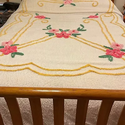 Beautiful  CHENILLE BEDSPREAD White With Flowers 87  X 106   W/Fringes Worn Top • $59.99