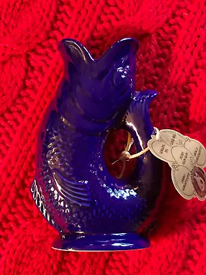 Pottery Barn England Cobalt Blue Devon Dartmouth Gurgling Fish Jug Pitcher Vase • $46.90