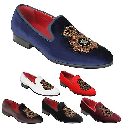 Mens Velvet Loafers Bee & Crown Embroidered Vintage Dress Shoes Slip On Slippers • £47.99