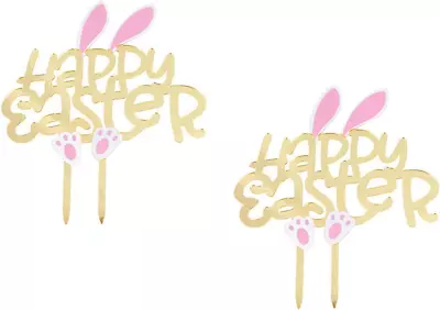 2 Pcs Happy Easter Cake Toppers Acrylic Cute Rabbit Ear Cake Picks Bunny Cake To • $19.99