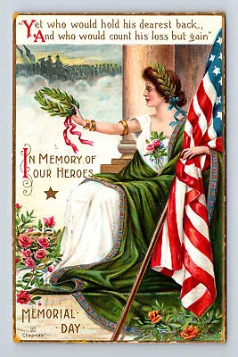 1909 In Memory Of Our Heros On Memorial Day Lady US Flag Chapman Signed Postcard • $10.91