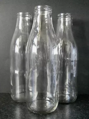 3x VINTAGE STYLE CLEAR GLASS LARGE MILK BOTTLES One Litre Size • $15
