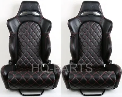 2 Tanaka Black Pvc Leather Racing Seat Reclinable Red Diamond Stitch For Mustang • $306.89