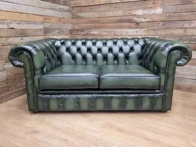 Vintage Antique Green Leather Chesterfield Two Seater Sofa • £550