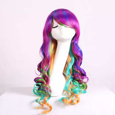 Women Rainbow Wigs Curly Wavy Full Wig Long Hair Hair Party Cosplay Costume Home • £9.39