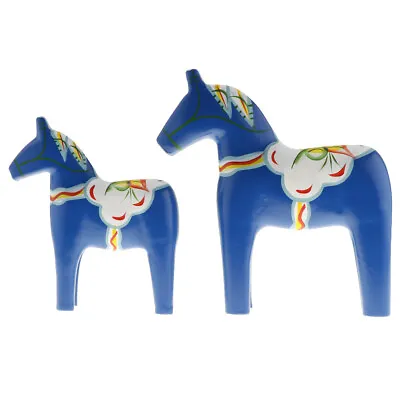 1 Pair Vintage Hand-painted Wood Dala Horse Figurine Wedding Xmas Gifts-Blue • £18.58