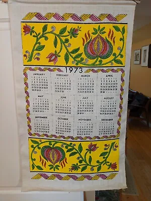 Vintage Kitchen Tea Towel Linen Calendar Wall Hanging 1973 Kay Dee Yellow Floral • $8.84