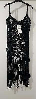 Zara Black Macrame Knit Midi Sequins Dress With Fringed Hem Size M Bnwt • £34.99