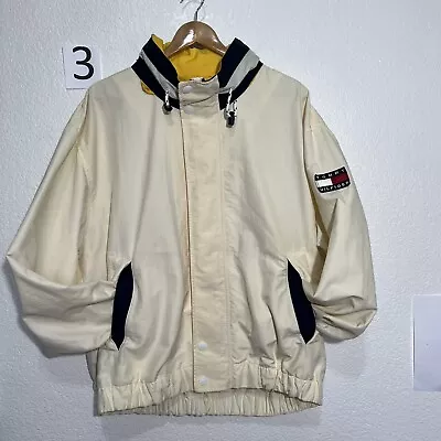 Vtg 90s Tommy Hilfiger Windbreaker Men XL Jacket Spell Out Full Zip Khaki Hooded • $29.99