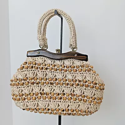 Vintage Raffia Handbag With Wooden Beads 1960's Federal's Made In Japan (EUC) • $20