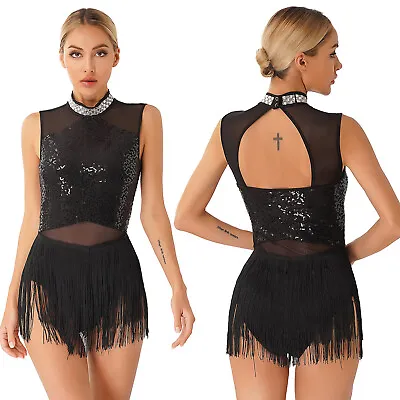 Women Sequins Tassel Latin Dance Dress Mesh Leotard Salsa Tango Cha-Cha Costume • £18.67