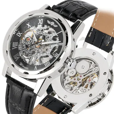 WINNER Mes Military Sport Hand-wind Mechanical Wrist Watch Black Leather Strap • $17.85