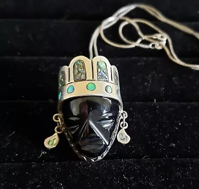 Vintage Sterling Mexico Taxco Onyx Abalone Mask Brooch Pendant W/chain 20  • $45