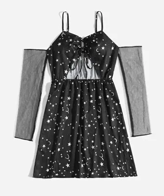 Womens Size 12-14 Galaxy Cutout Aline Dress Off Shoulder New L  Moon Stars Mesh • £16.95