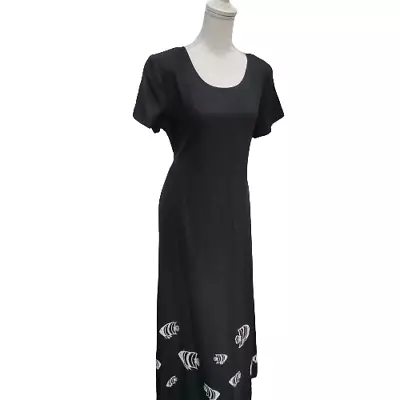 Vintage Connie Choi Black Maxi Dress White Fish At Hem Size M Made USA Paper Tag • $19.20