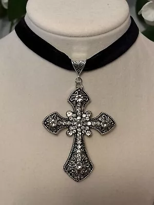 Gothic Cross Pendant On A Adjustable Black Velvet Choker Necklace Silver Cross • $16