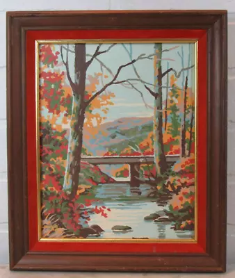 Vintage Pbn Autumn Fall Woods Bridge Mountain Stream River Framed Colored Leaves • $22