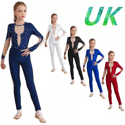 UK Girls Gymnastics Ballet Dance Jumpsuit Leotard Dancewear Long Sleeve Catsuits • £16.42