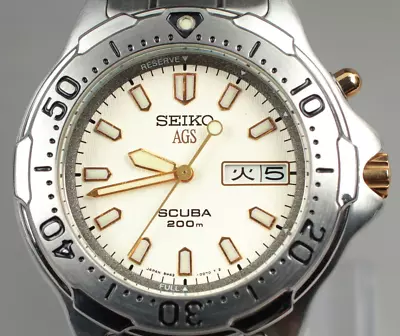 New Batt. [N MINT] SEIKO AGS Kinetic Scuba 5M43-0C30 Day Date White Dial Men's • £144.49