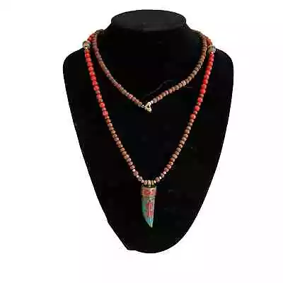 Coral And Turquoise Horn Necklace Wood Beads 32” Boho Tibetan Brass Vibrant • $16.99