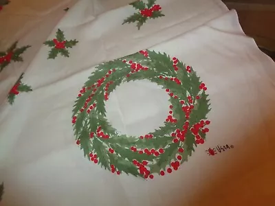 Vtg Vera Neumann Christmas Tablecloth Wreaths Holly 56x100 Linen! • $35.96