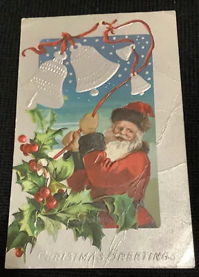 Vintage Christmas Postcard Silver Foil Santa Claus Ringing Bells Flaws Creases • $2.90