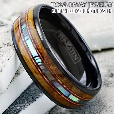 Black Tungsten Whiskey Barrel Wood - Abalone & Dual Guitar String Men's Ring • $24.99