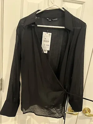 $25 • Buy Zara Women's Sz S Black Velvet Faux Wrap Puff Long Sleeve Tie Top A6B13