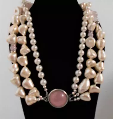 Vintage Triple Strand Faux Baroque Pearl Necklace Rose Quartz Clasp • $28