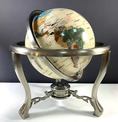 Semi Precious Gemstone  14  World Globe With Compass Tabletop Metal Tripod Stand • $149.99
