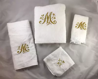 Martex 4-Piece White Bath Towel Set Monogrammed Gold Letter M USA Made Vintage • $38