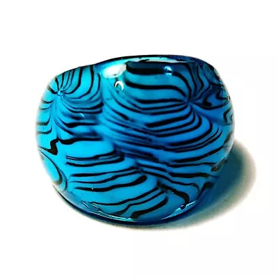 Teal Blue-Green Glass Ring Domed Black Swirls Design Murano-Style Size 6.5 • $8.99