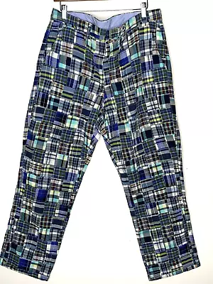 J Crew Pants Men's 33x30 Blue Madras Patchwork India Flat Front Preppy Trouser • $39.95