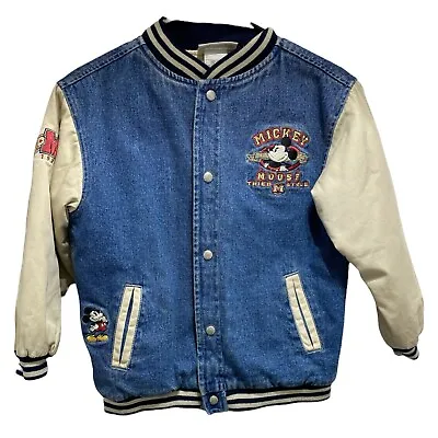 Vintage 90's Disney Store Mickey Mouse Embroidered Denim Varsity Jacket YOUTH M • $99.49