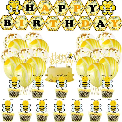 34pcs Bee Themed Latex Balloon Banner Cake Flag Birthday Party Decoration Set • £8.78