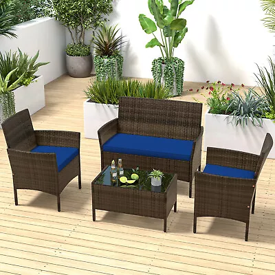 Patio 4 PCS Furniture Set W/Washable Cushions And Tempered Glass Coffee Table • $159.99