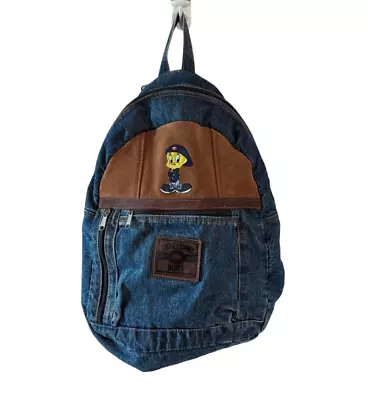 VTG Looney Tunes Blues Tweety Bird Denim Suede Backpack Embroidery Backwards Cap • $20