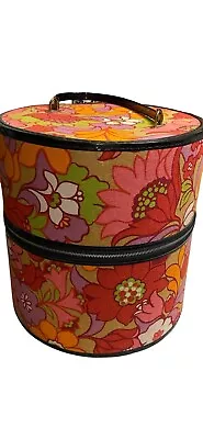 Vintage Retro Floral Large MCM Round  Tapestry Wig Hat Travel Case Box Zippered • $130