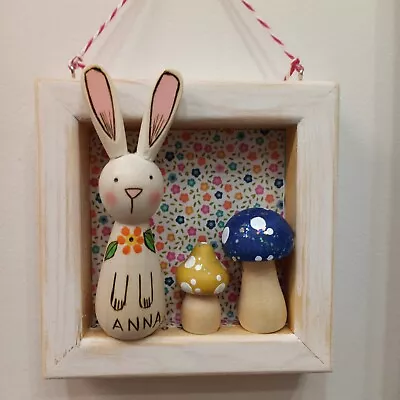 Wood Burned Bunny & Mushrooms Shadow Box Wall Hanging Nursery Art Baby Shower • $18