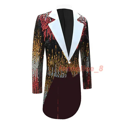 Men Glitter Shiny Sequin Tuxedo Jacket Tailcoat Suit Coat Stage Party Dance Chic • $54.94