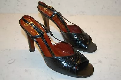 Sexy! VTG 70s BLACK REAL SNAKESKIN OPEN TOE WRAP DISCO HIGH HEELS SHOES 37 / 7? • $67.43