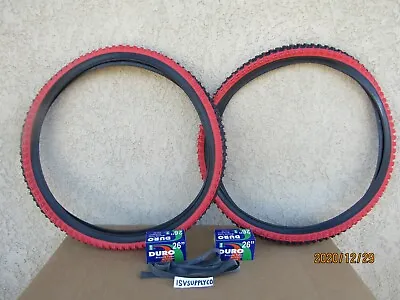 $49.99 • Buy [2] 26''x 1.95 BLACK & RED BICYCLE TIRES, TUBES & LINERS FOR MTB, CRUISER, ETC