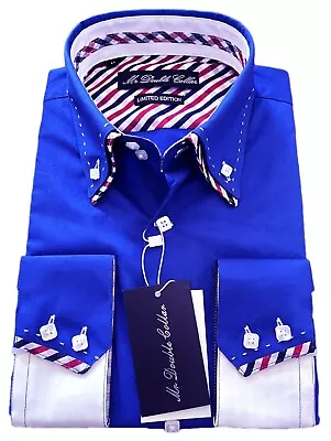 Mens Royal Blue & White Designer Double Collar Shirt • $43.55