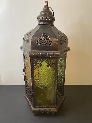 VTG Hexagonal Multicolored Glass Moroccan Lantern Candle Holder Hanging 20  • $49.99