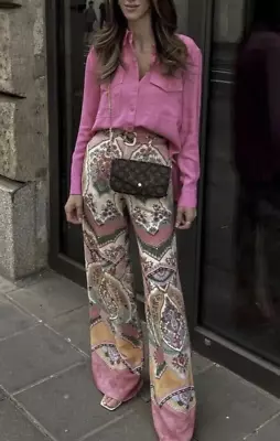NEW Zara Womens High Waisted Pink Palazzo Wide Legged Printed Pants Size L • $48.66