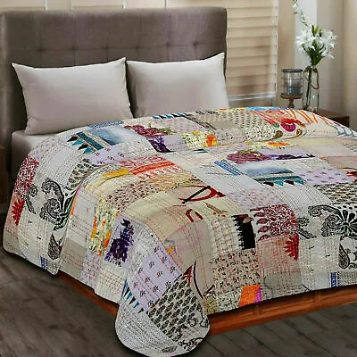 Indian Patchwork Kantha Bedspread Handmade Quilt Throw Silk Blanket Boho Vintage • $61.95